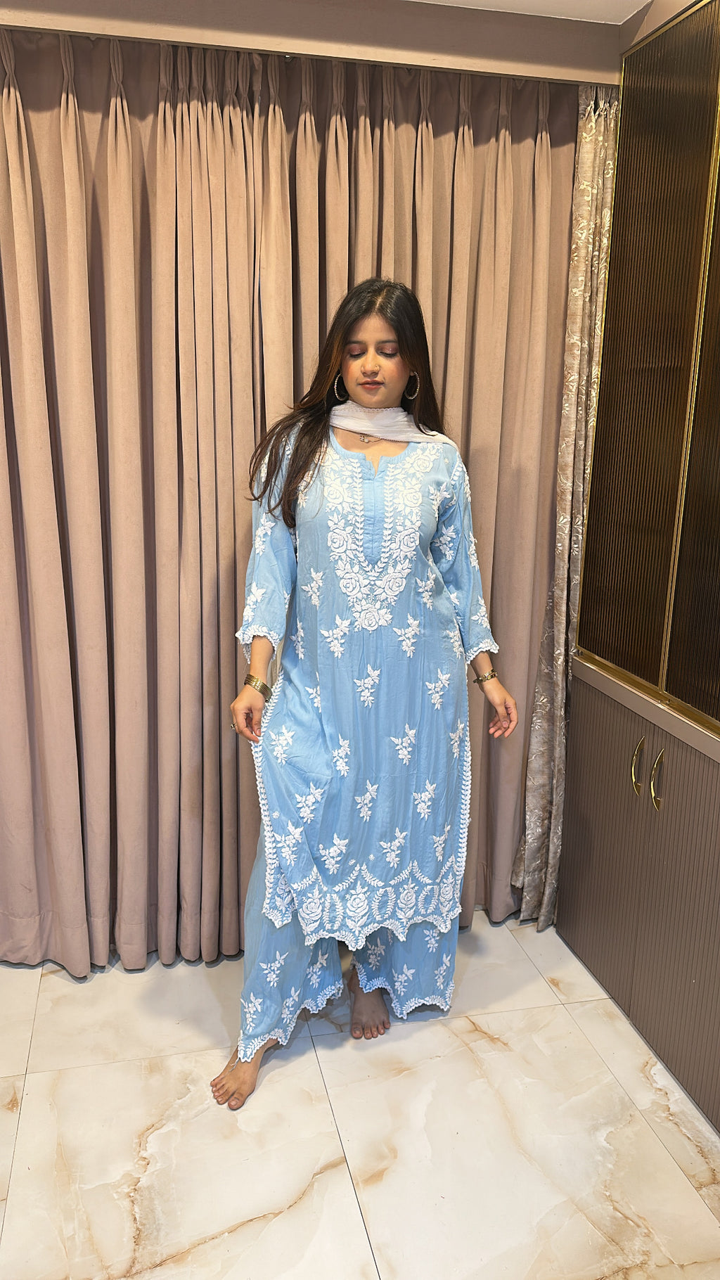 Ice blue lucknowi cut work sets