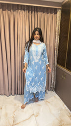 Ice blue lucknowi cut work sets