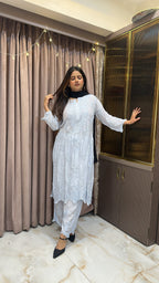 Ice blue Pure crepe cut work set