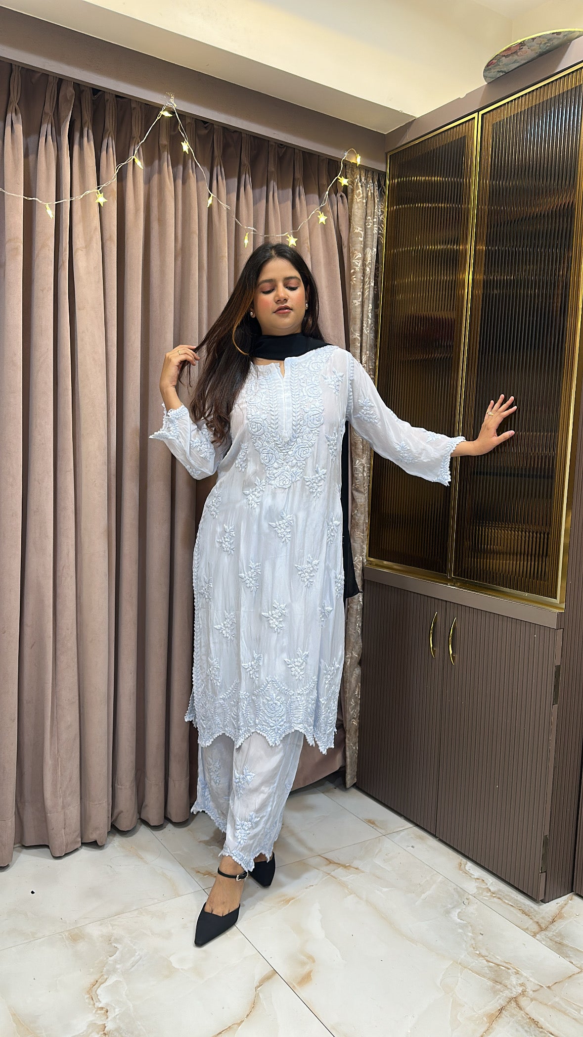 Ice blue Pure crepe cut work set