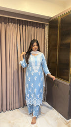 Ice blue lucknowi cut work sets