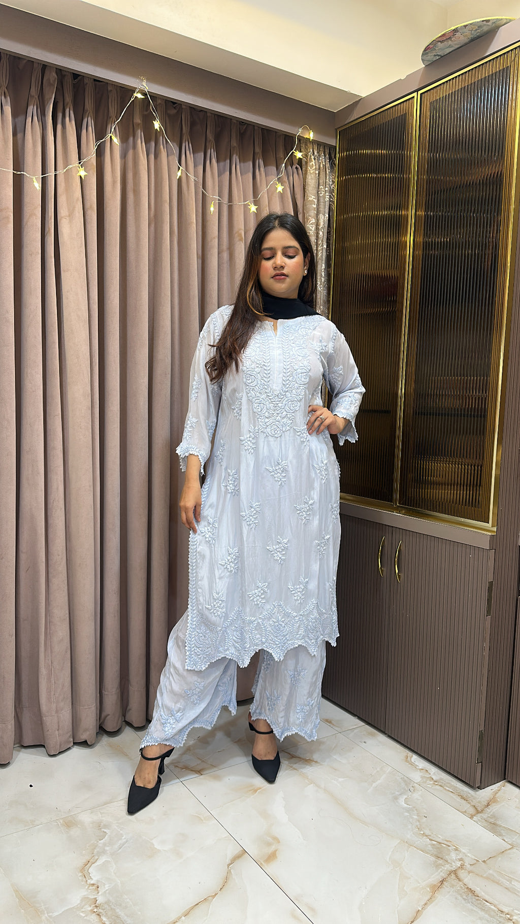 Ice blue Pure crepe cut work set