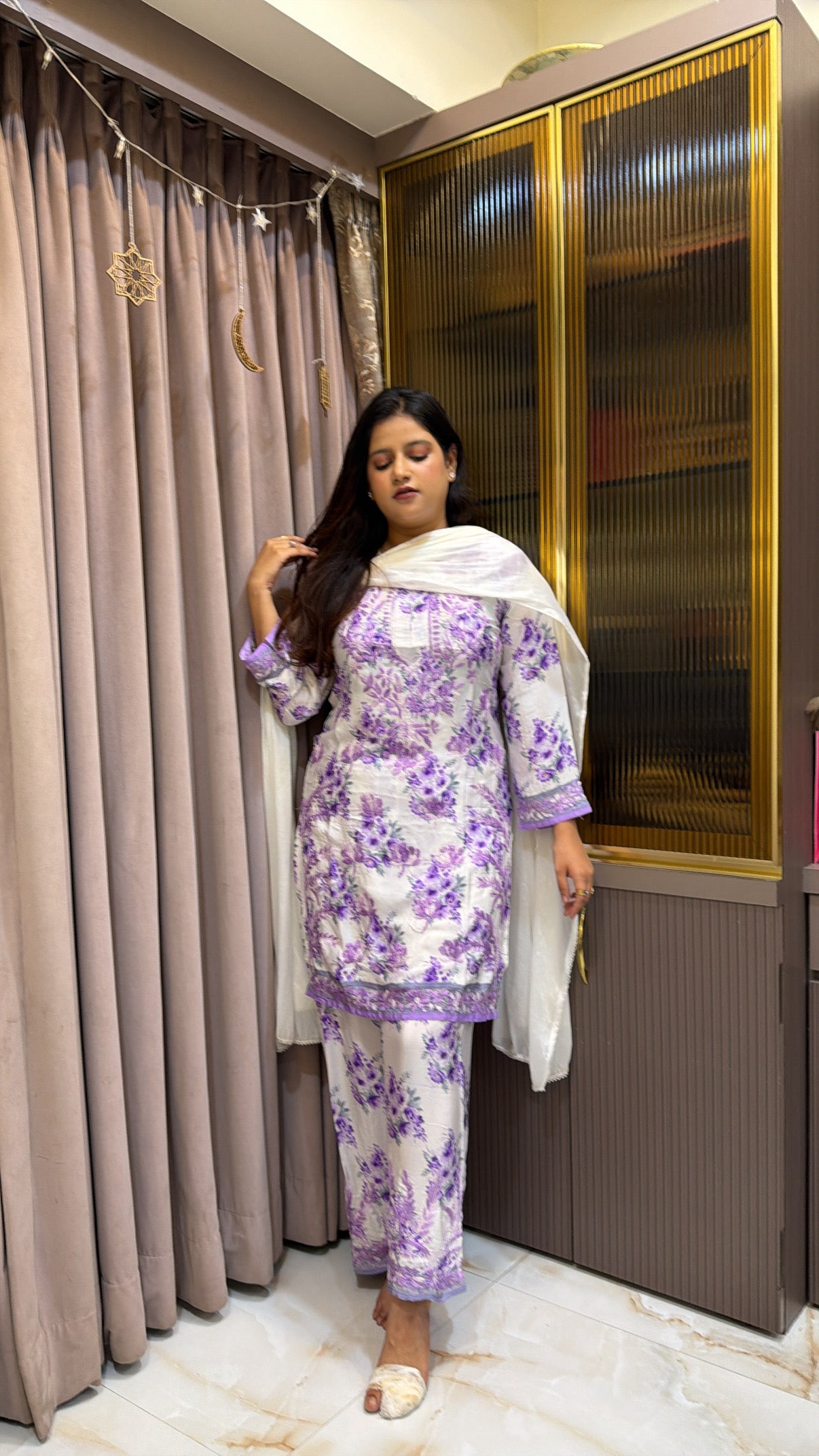 Lavender pink Poly Crepe Printed Co ord Set