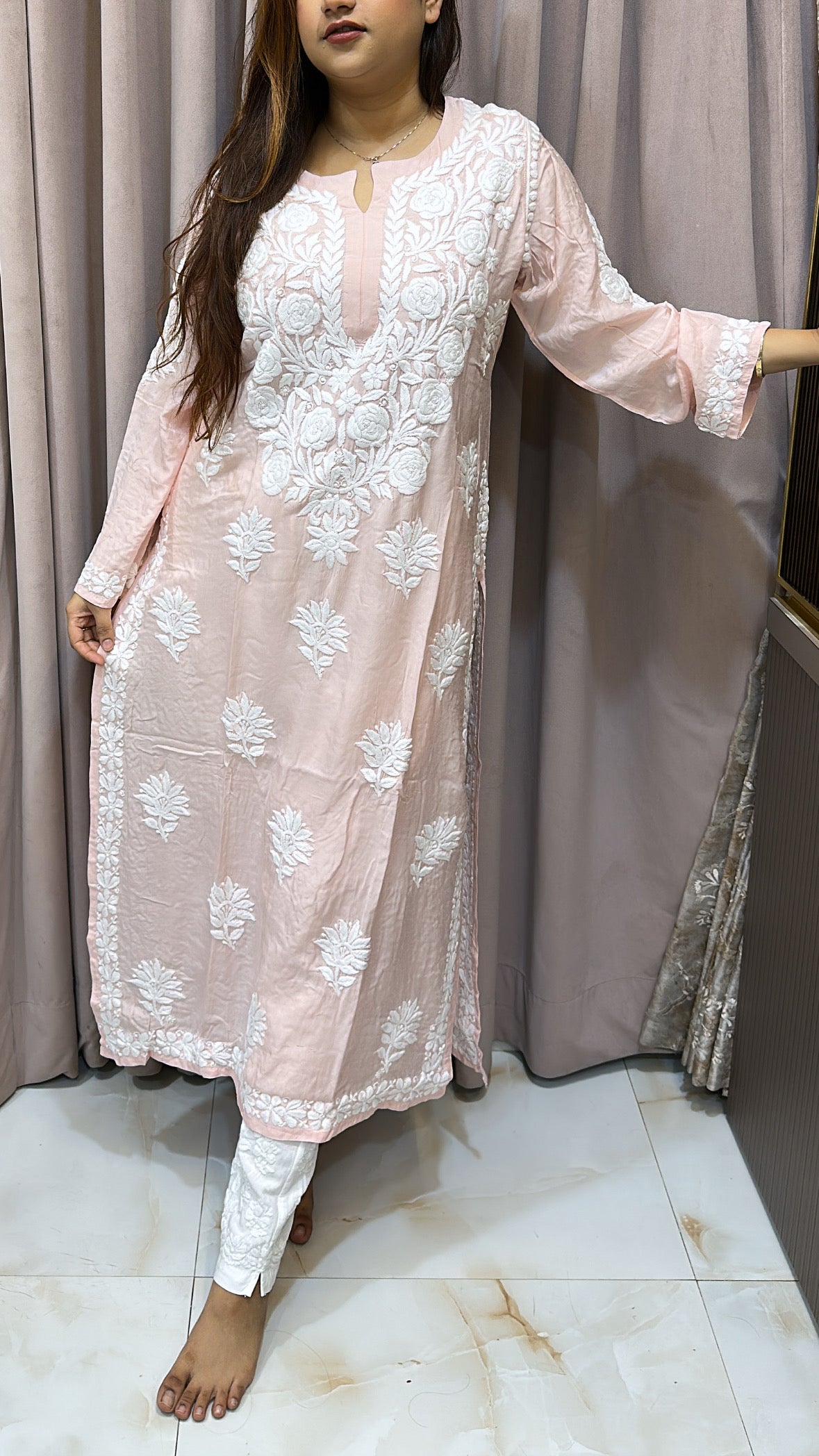 Light peach Pure muslin triple thread lucknowi kurti