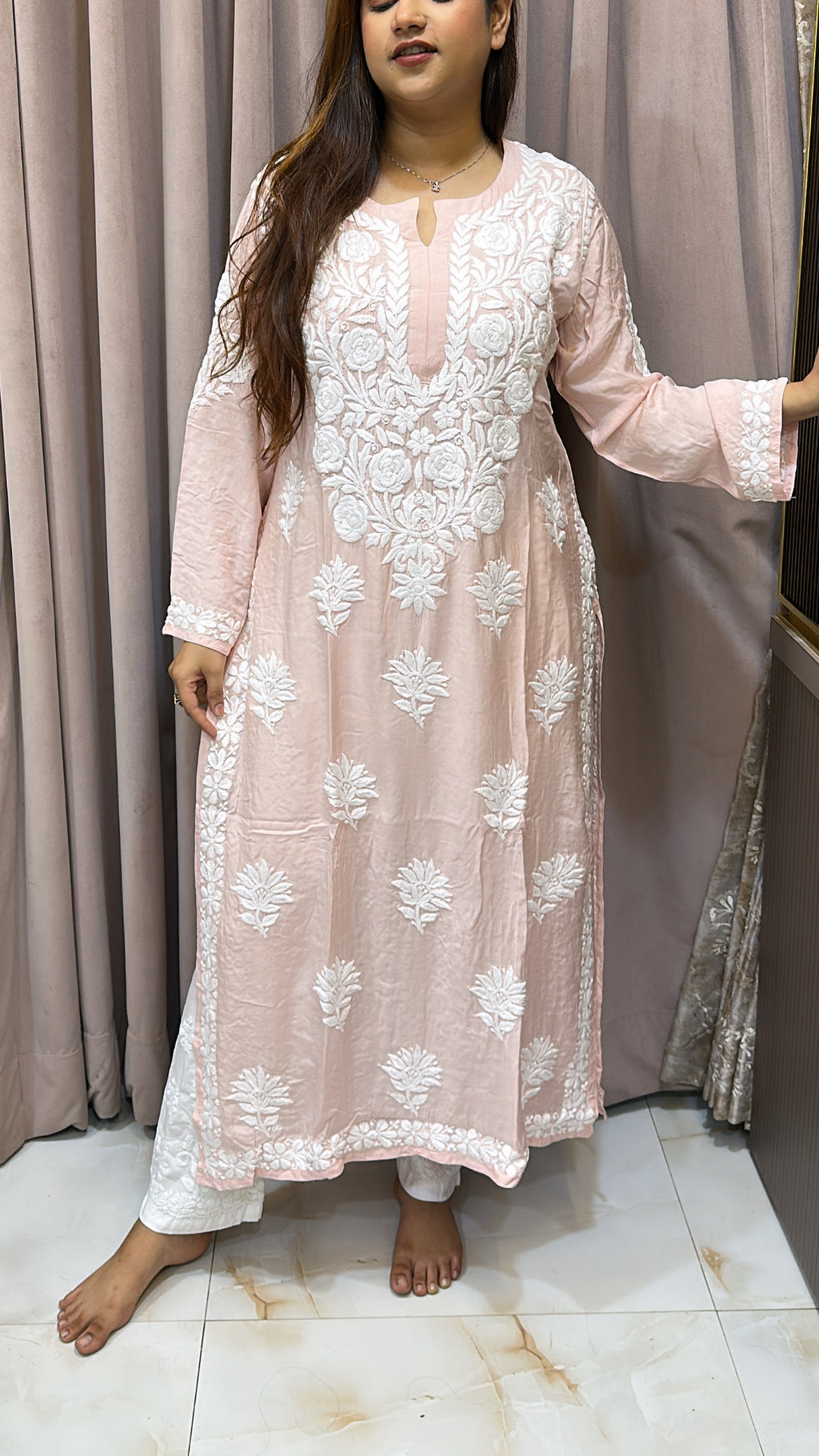 Light peach Pure muslin triple thread lucknowi kurti