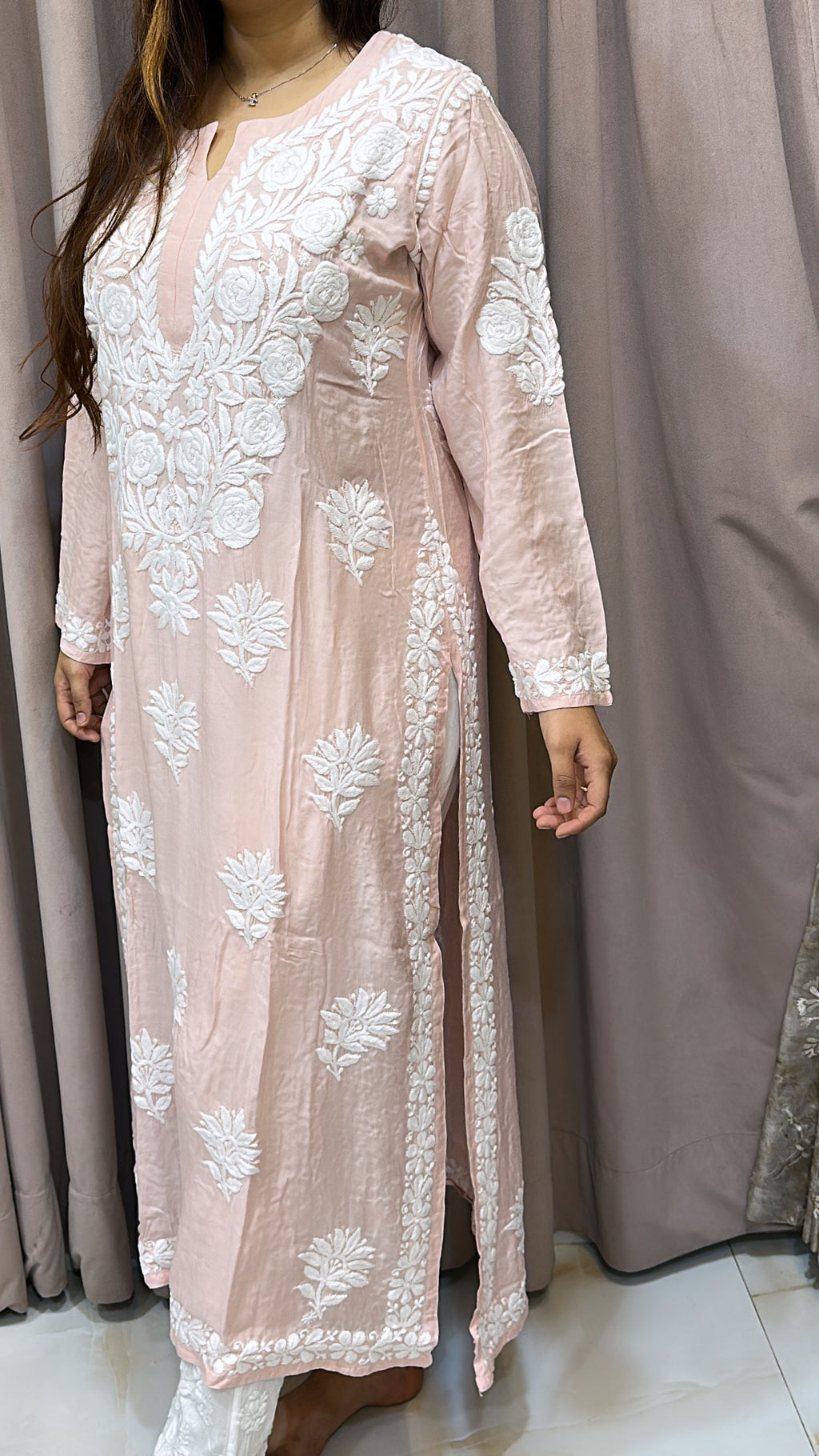 Light peach Pure muslin triple thread lucknowi kurti