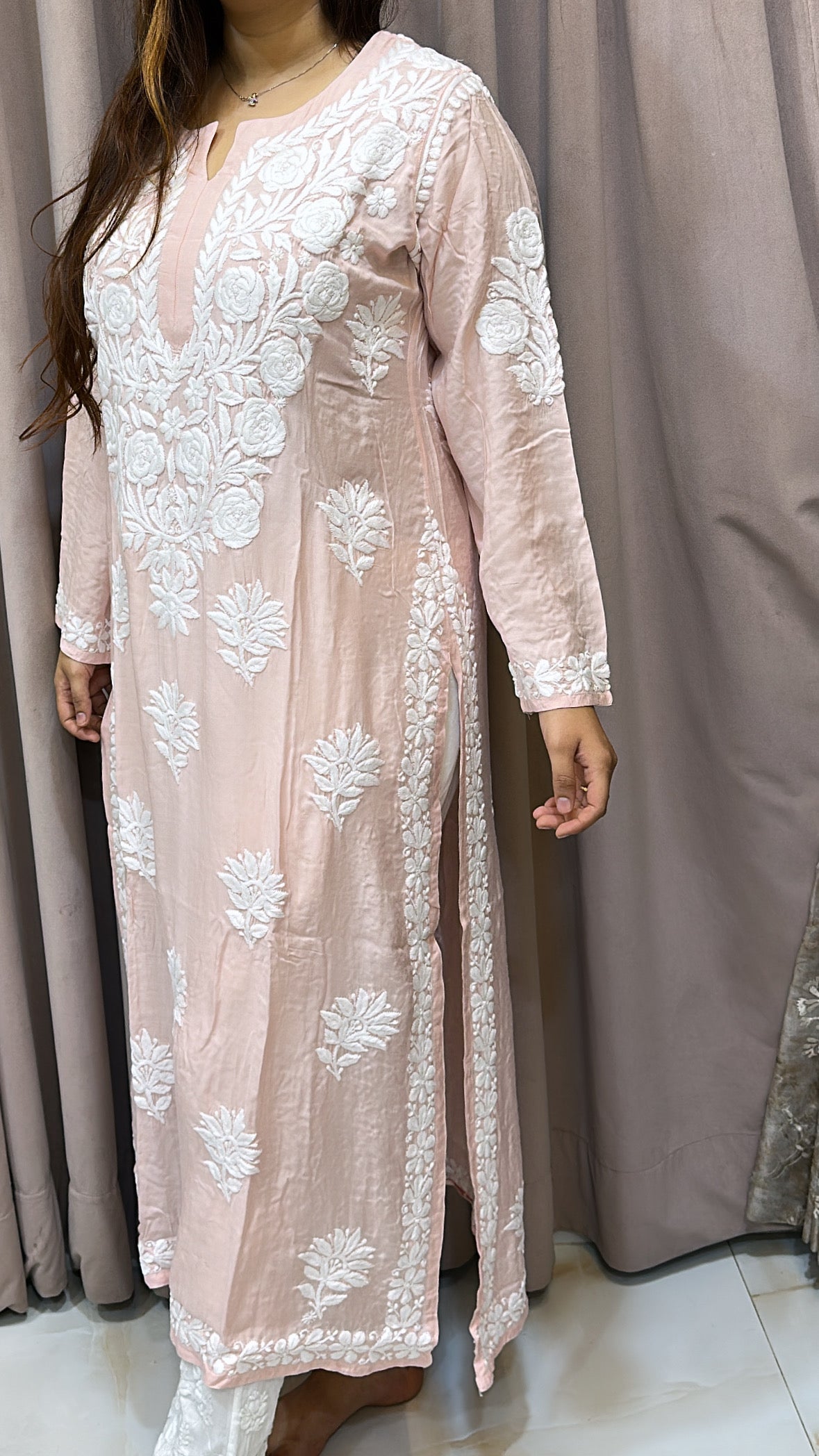 Light peach Pure muslin triple thread lucknowi kurti