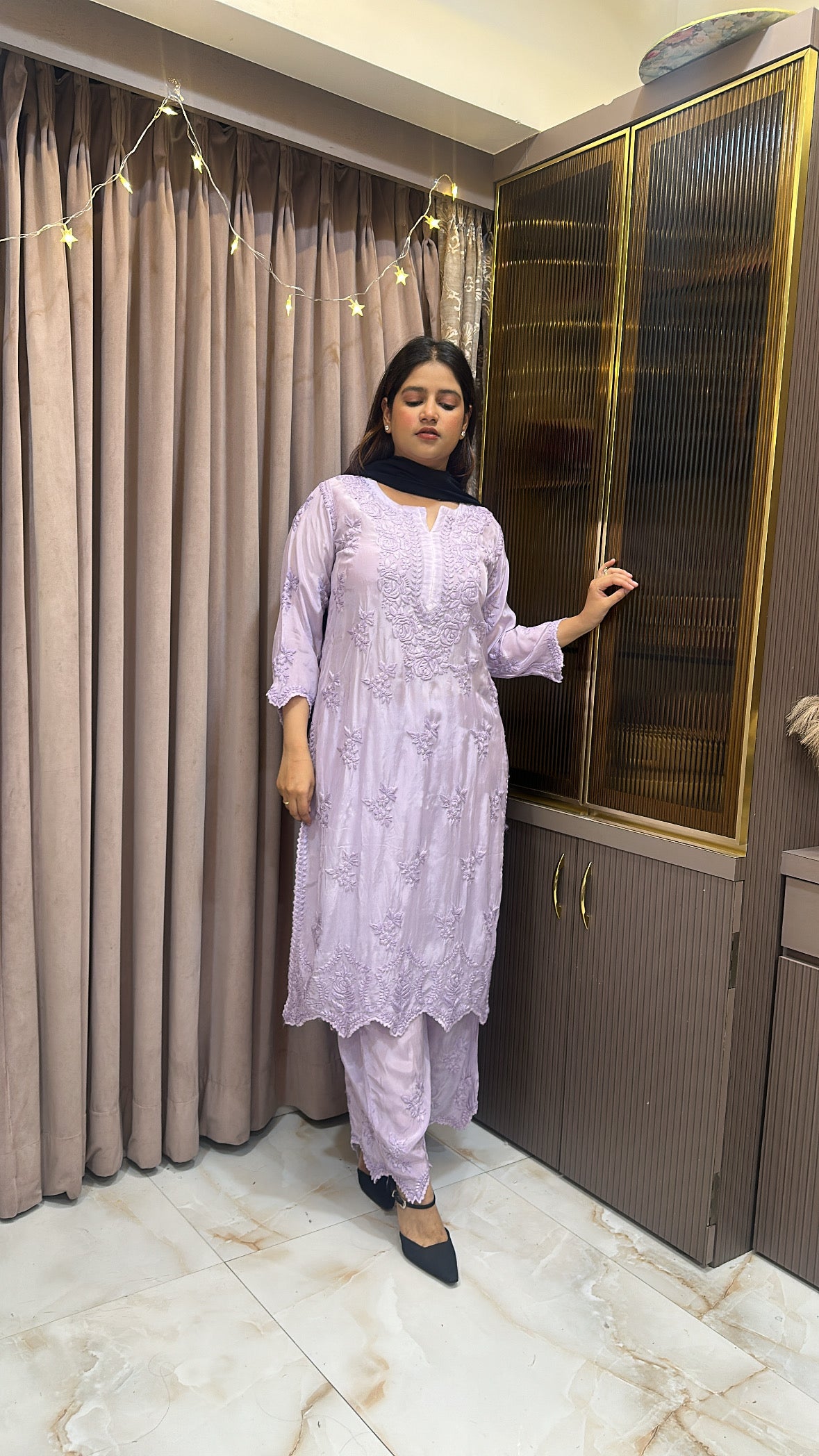 Lilac Pure crepe cut work set