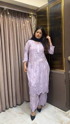 Lilac Pure crepe cut work set