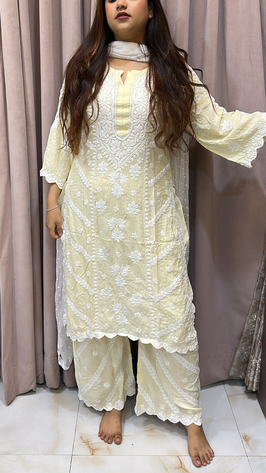 Lemon yellow Pure modal lucknowi cut work sets