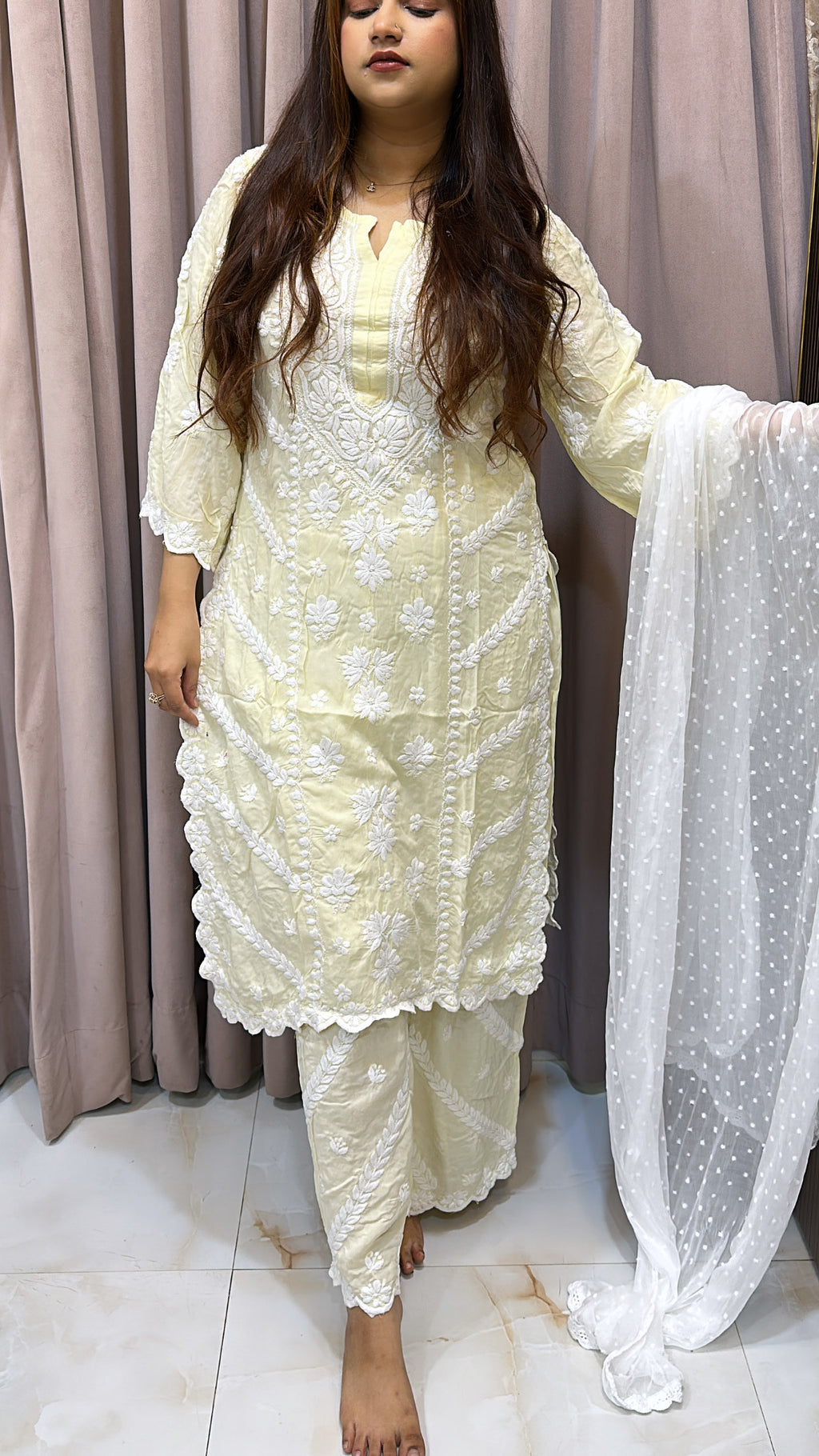 Lemon yellow Pure modal lucknowi cut work sets