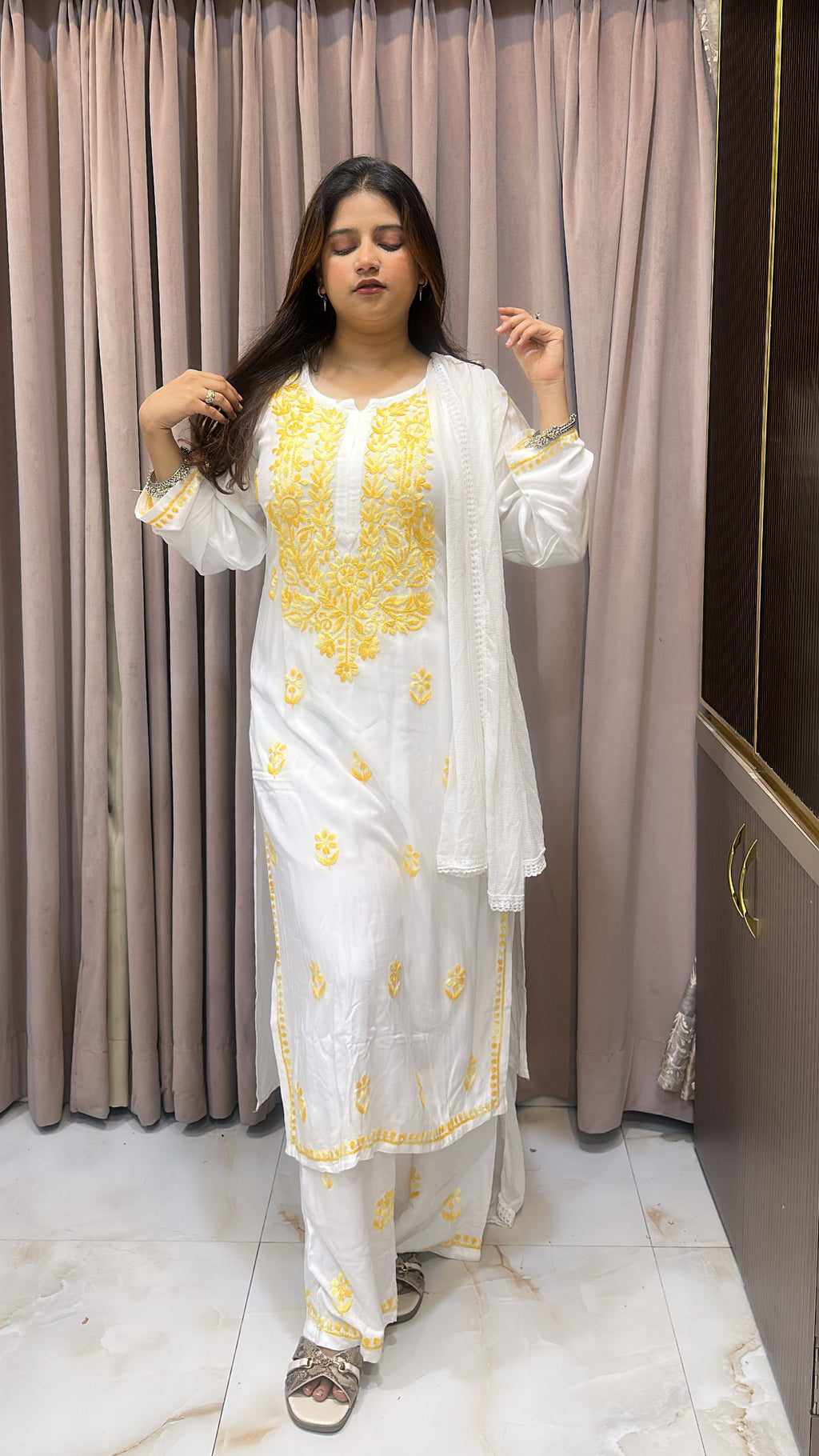 White with Mango colour plazo set