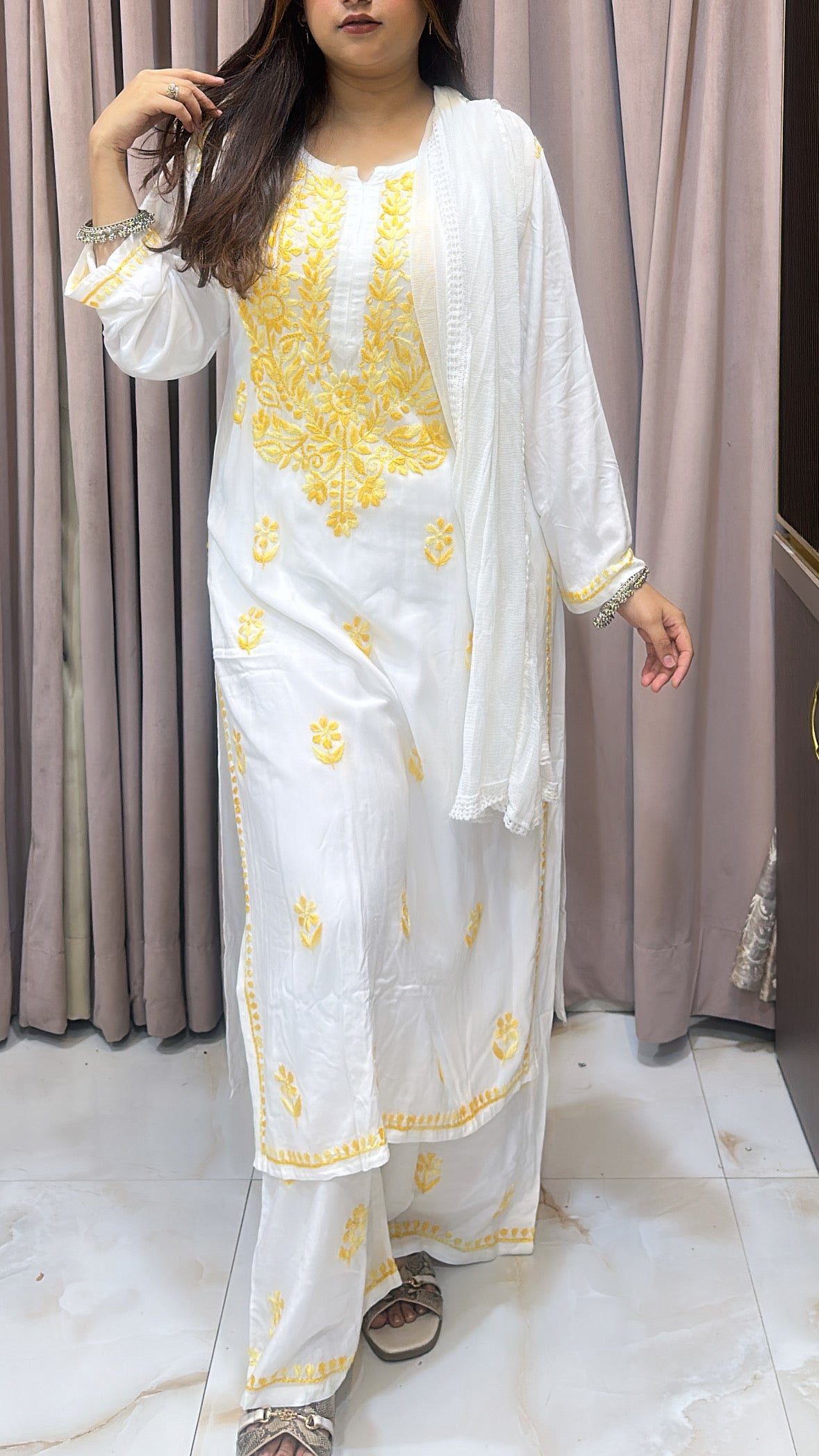 White with Mango colour plazo set