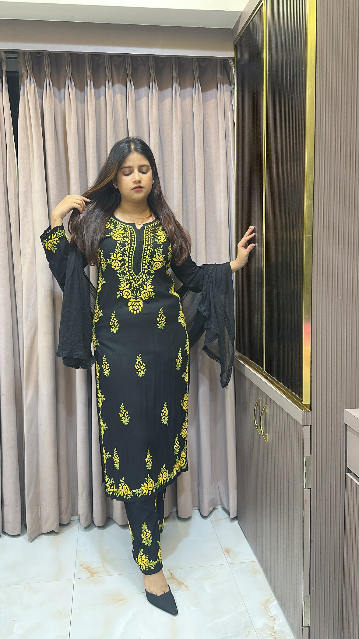 Mango coloured Rose black  plazo set