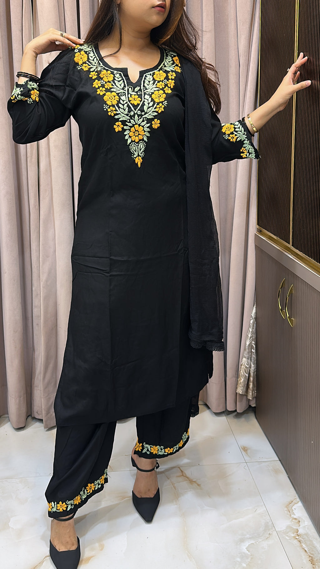 Rayon black with Mango Yellow cross sleeves plazo set