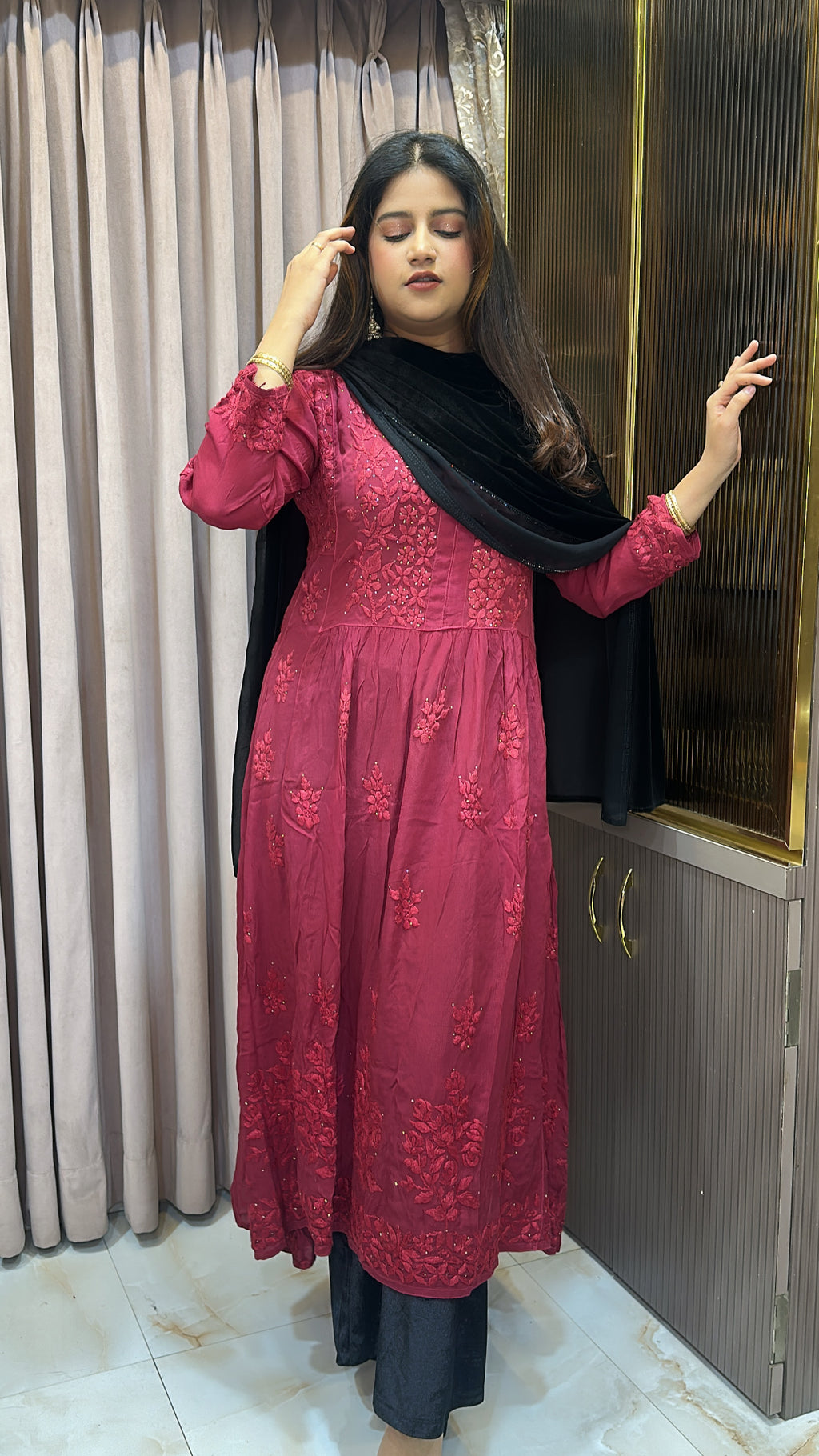 Maroon Crepe Mukesh work  Aline gown