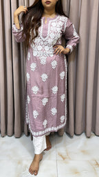 Mauve Pure muslin triple thread lucknowi kurti
