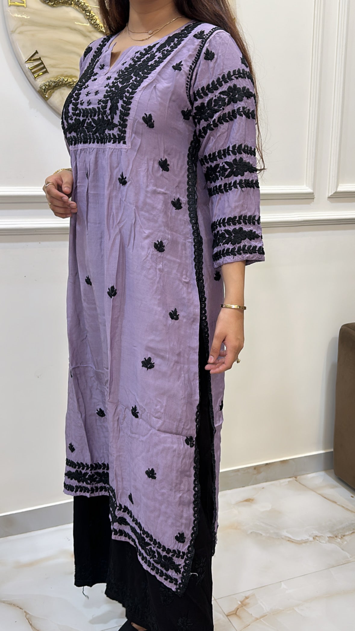 Mauve Pure Muslin black embroidery