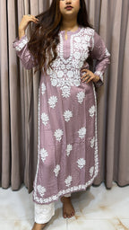 Mauve Pure muslin triple thread lucknowi kurti