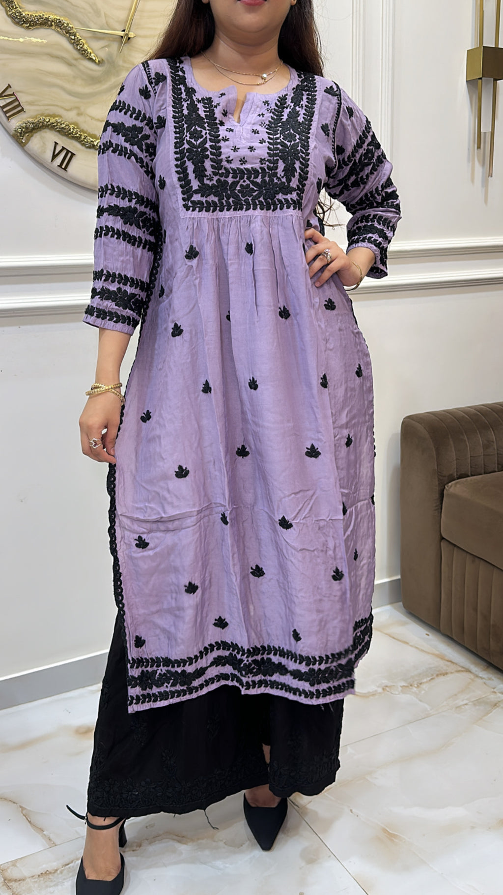 Mauve Pure Muslin black embroidery