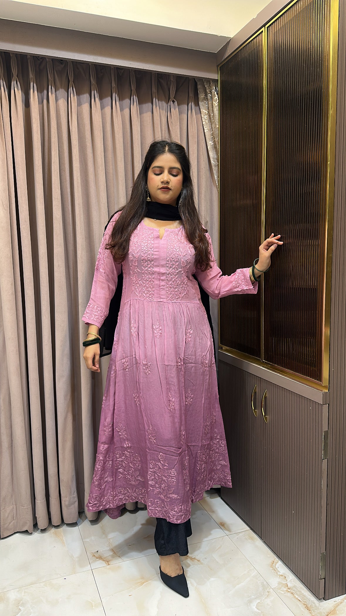 Mauve Crepe Mukesh work  Aline gown