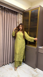 #2018 Mehndi Green Organza Crepe Plazo Set