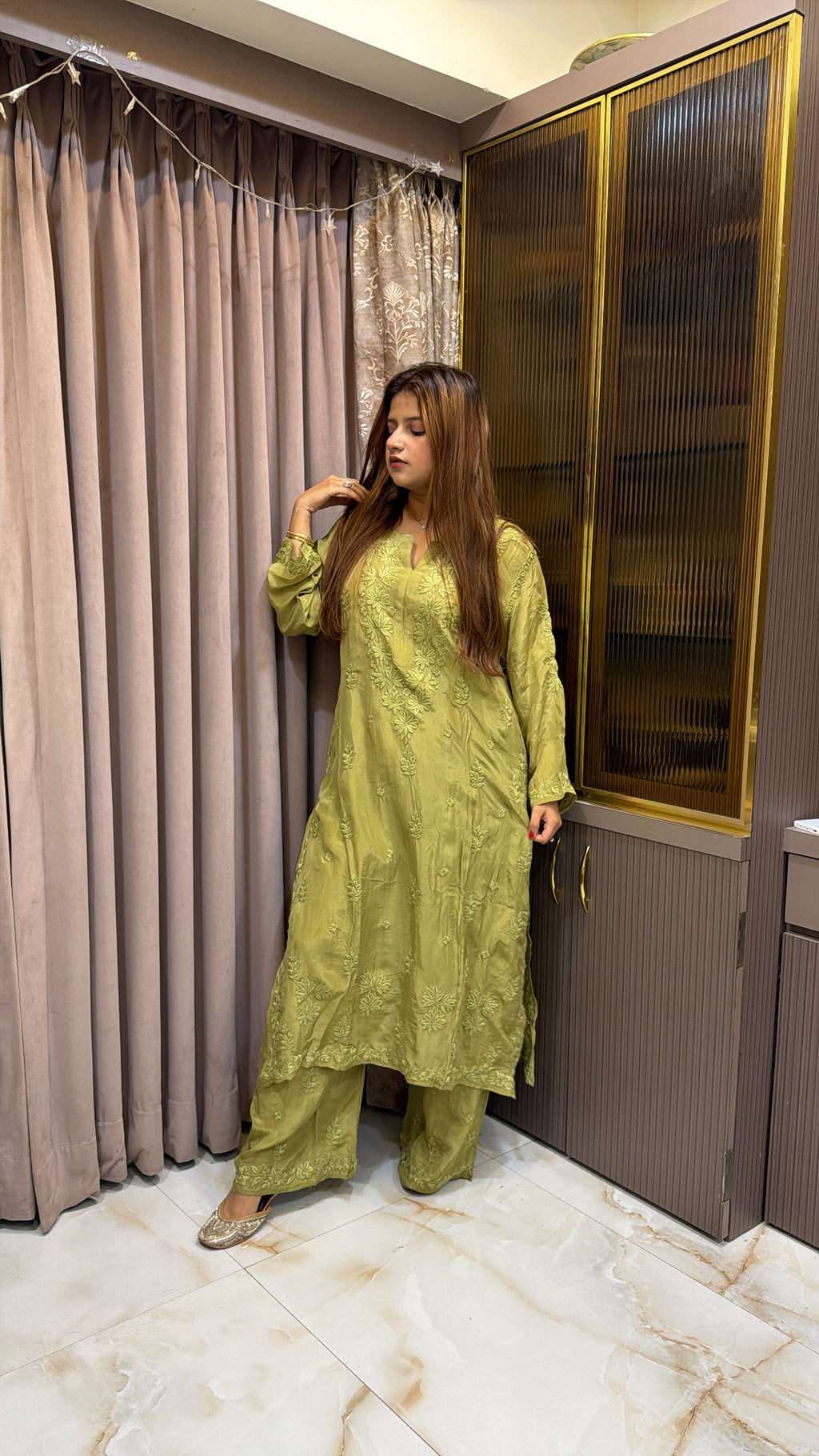 #2018 Mehndi Green Organza Crepe Plazo Set