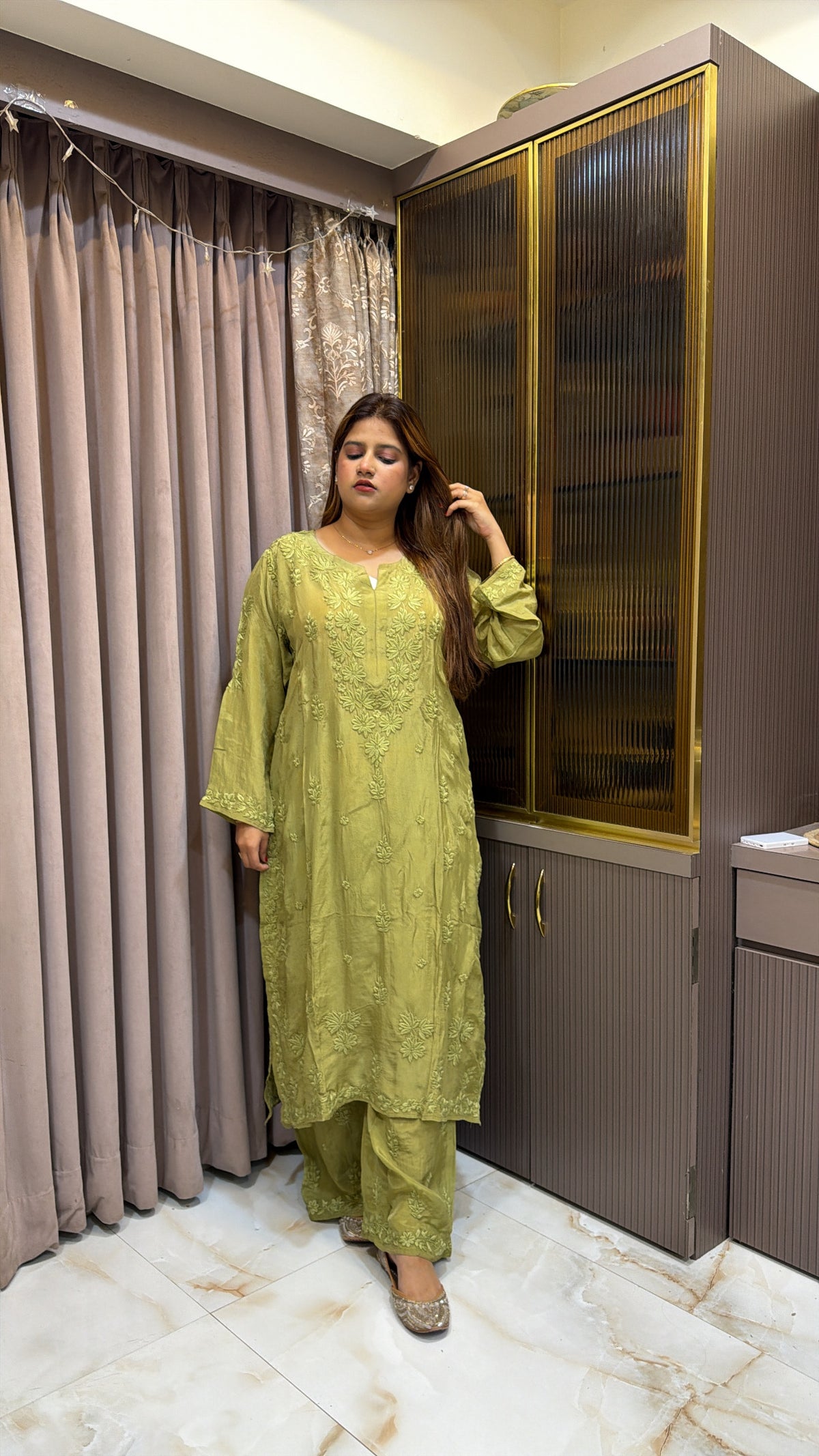 #2018 Mehndi Green Organza Crepe Plazo Set