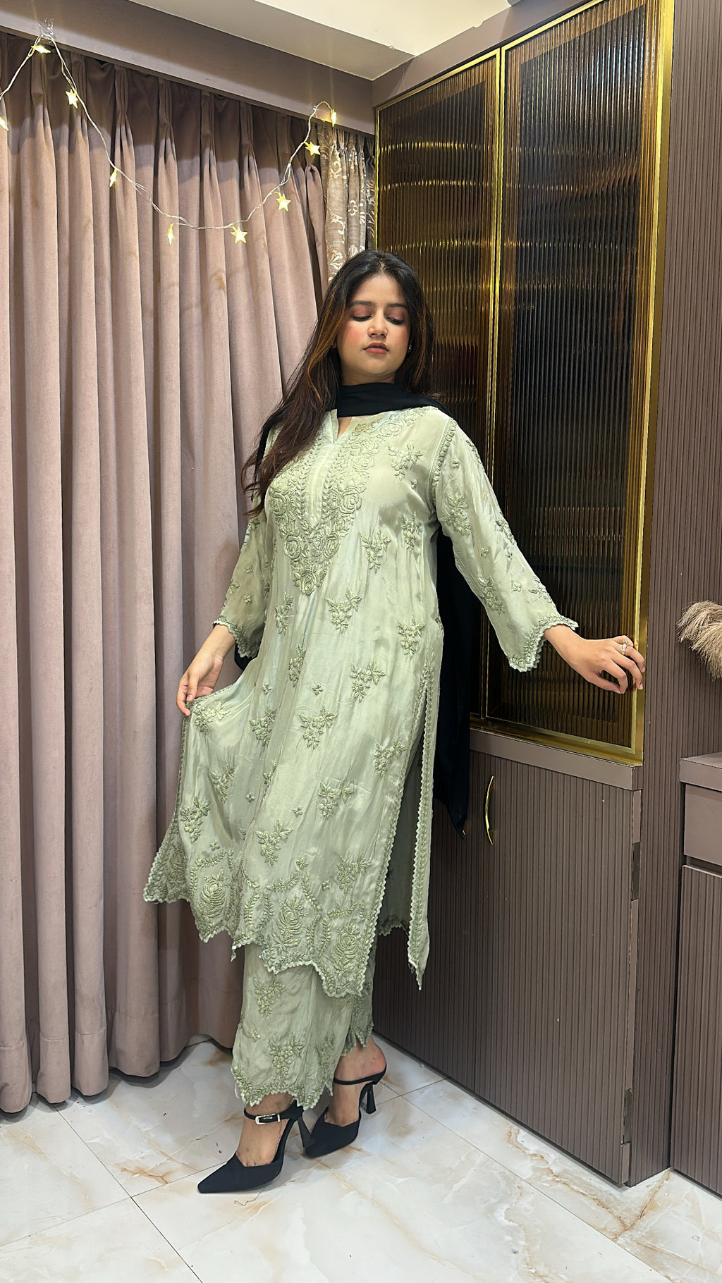 Military green Pure crepe cut work set