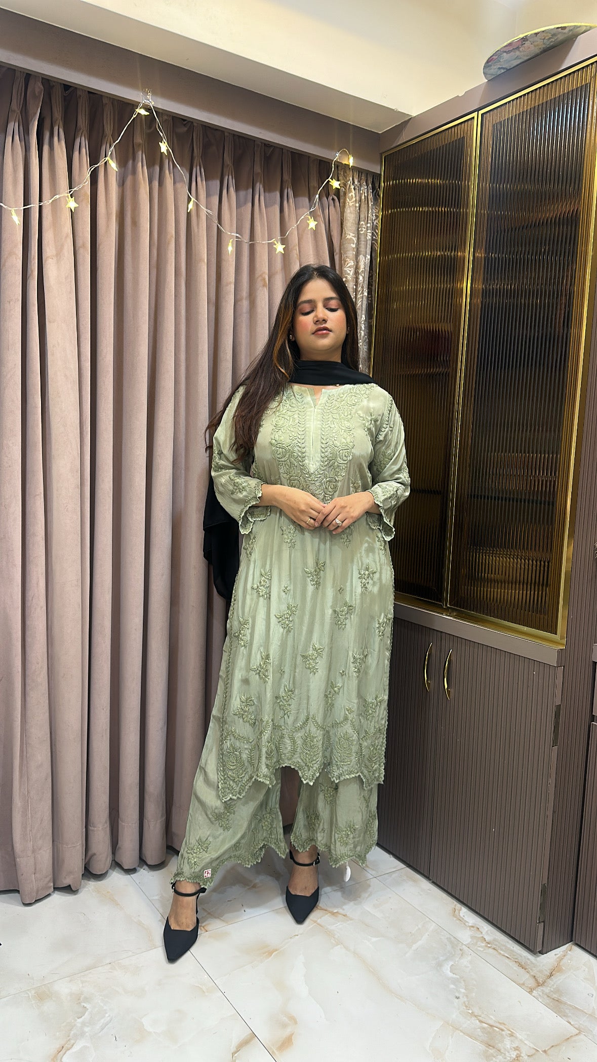 Military green Pure crepe cut work set