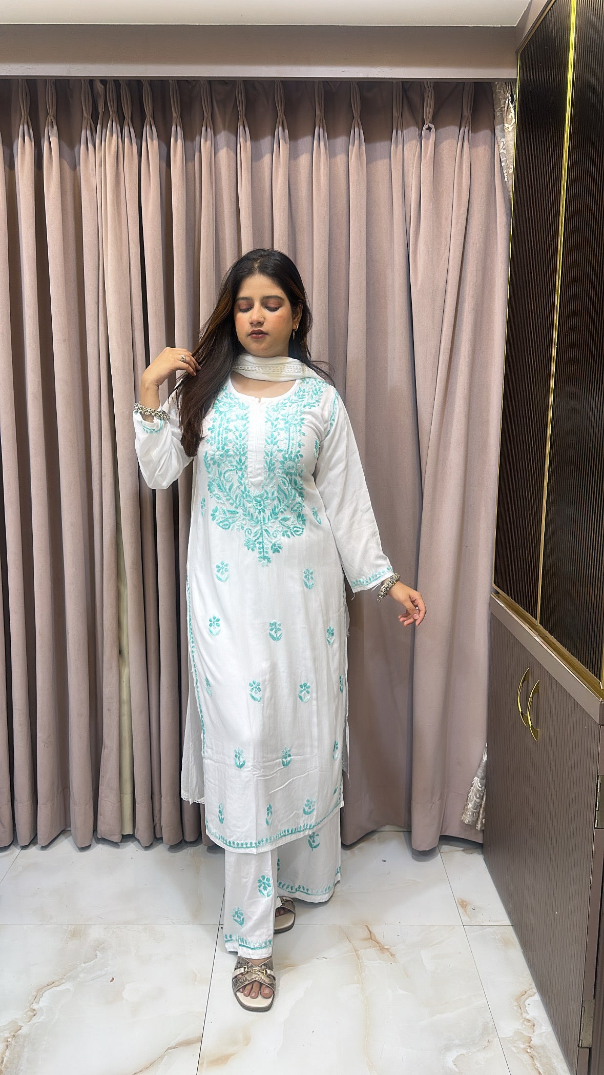 White with Mint colour plazo set