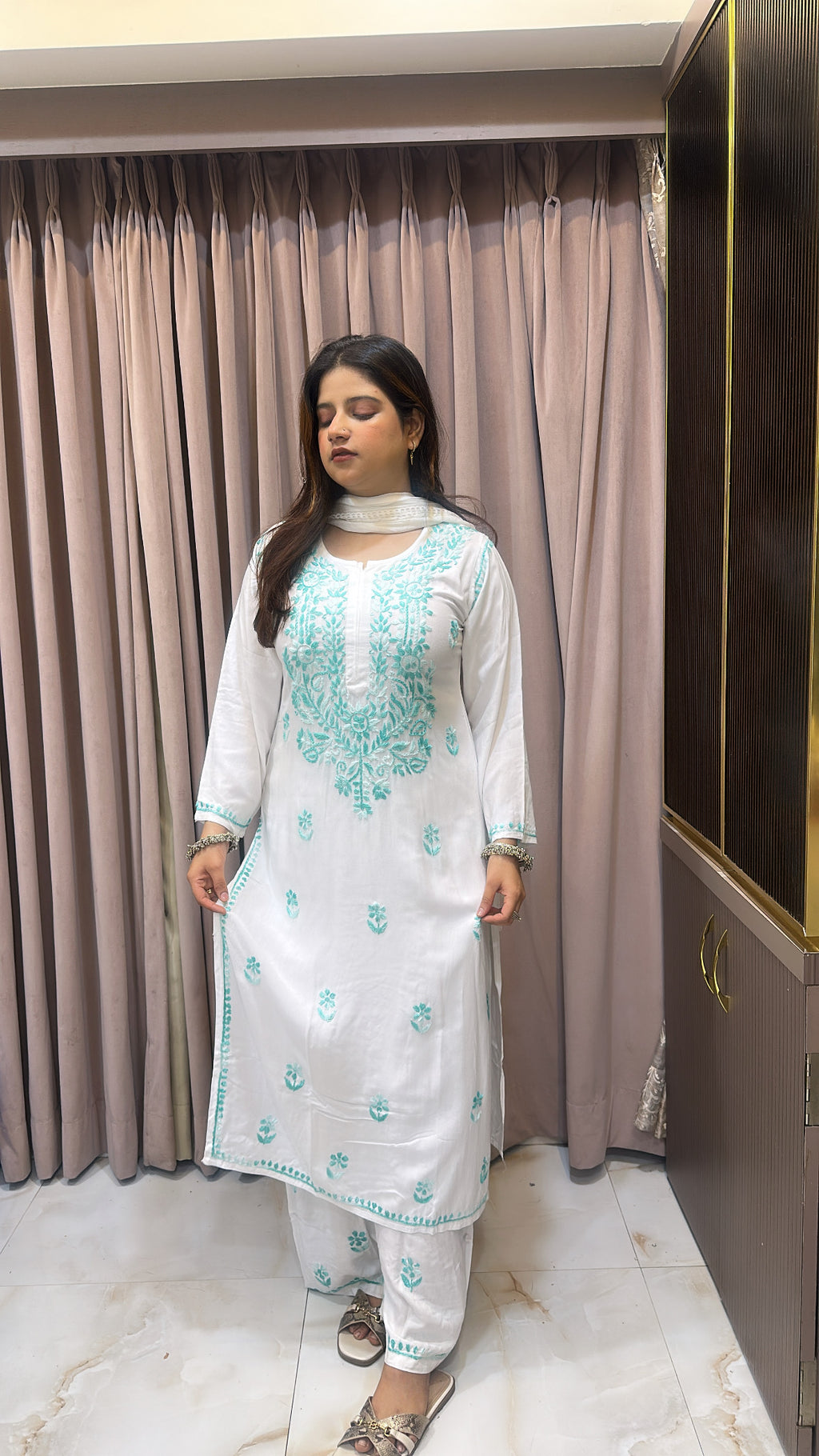 White with Mint colour plazo set