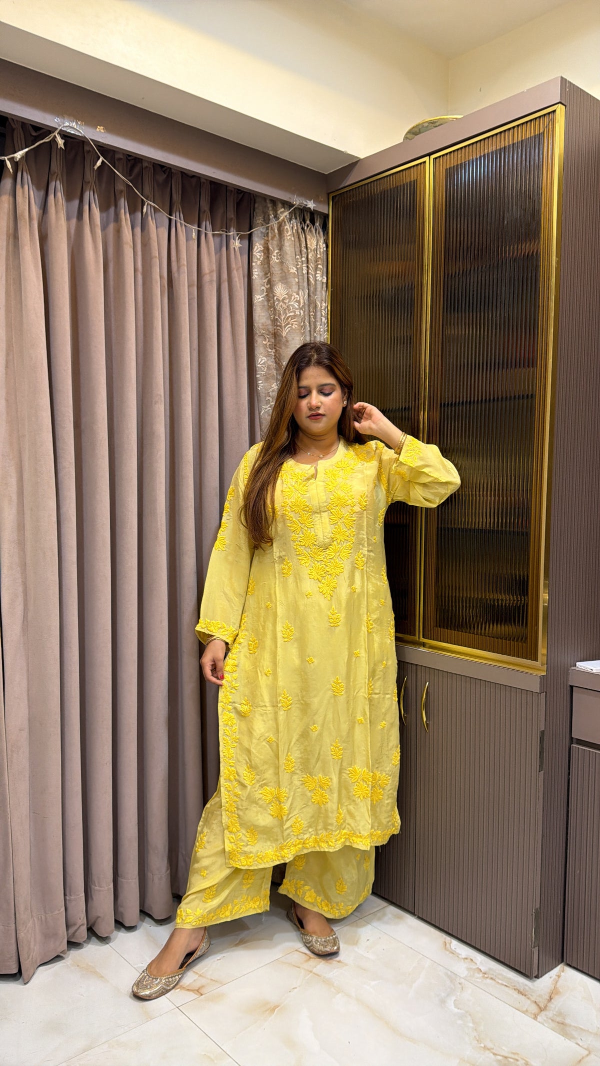 #2018 Mustard Yellow Organza Crepe Plazo Set