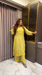#2018 Mustard Yellow Organza Crepe Plazo Set