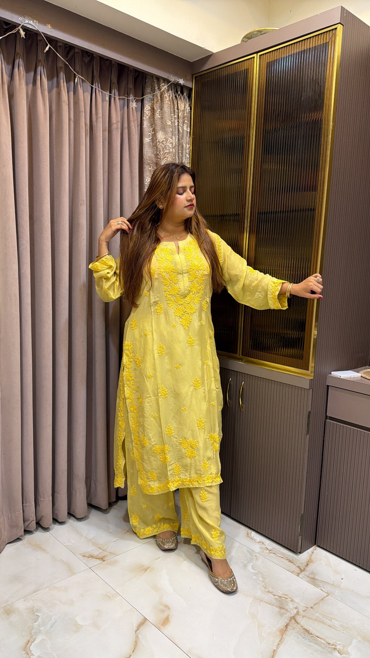 #2018 Mustard Yellow Organza Crepe Plazo Set