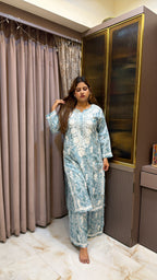 #2010 Blue Mulmul Lucknowi Plazo Suit Set | Authentic Hand Embroidery