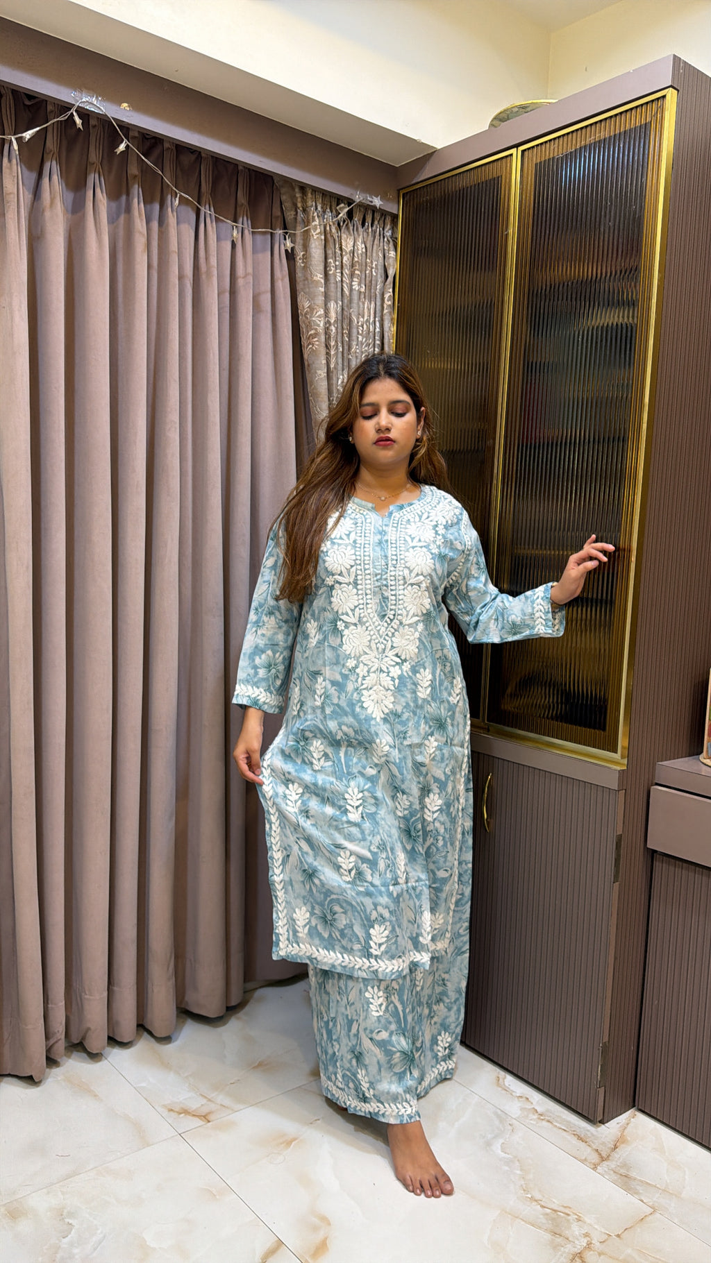 #2010 Blue Mulmul Lucknowi Plazo Suit Set | Authentic Hand Embroidery