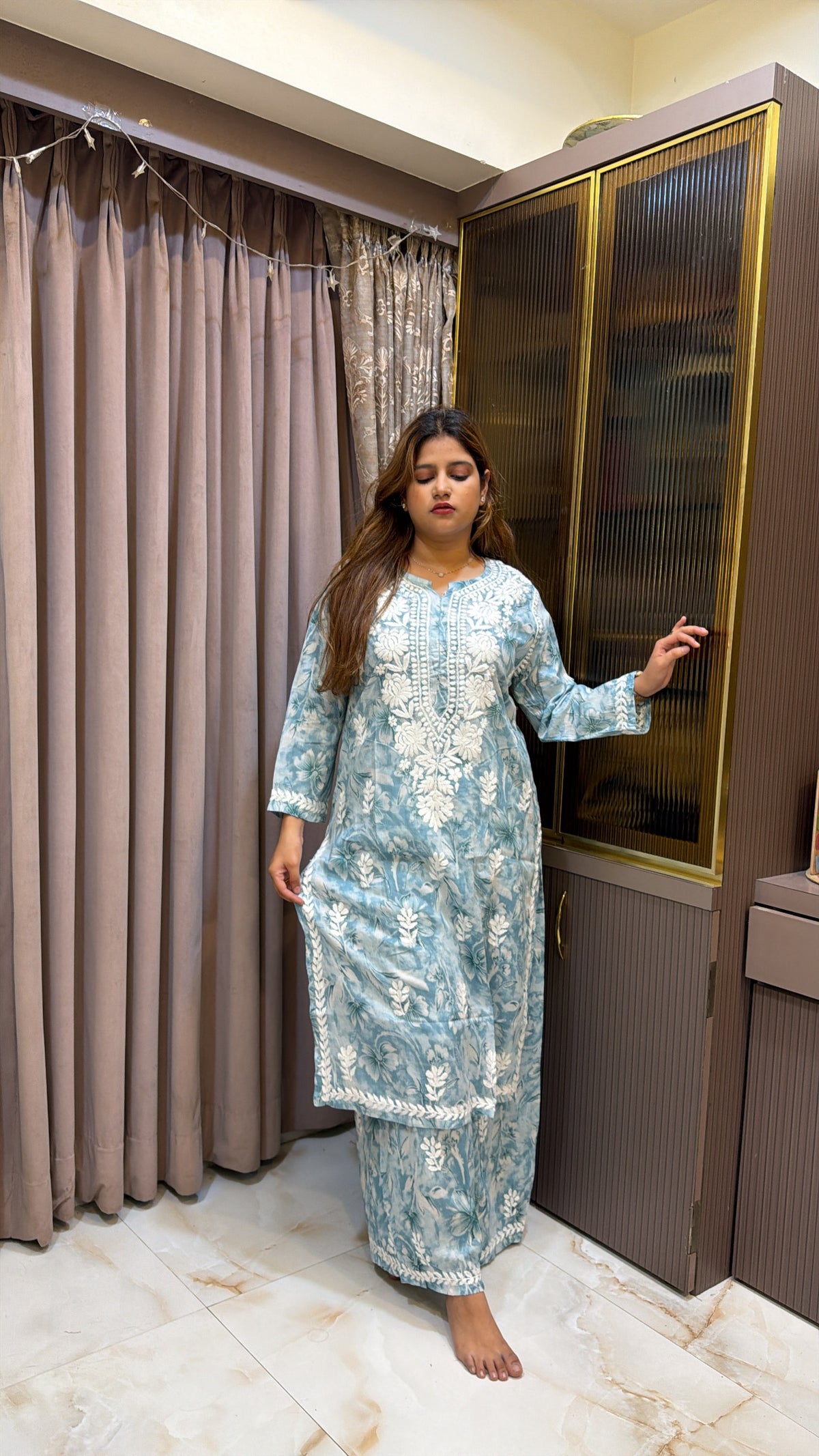 #2010 Blue Mulmul Lucknowi Plazo Suit Set | Authentic Hand Embroidery