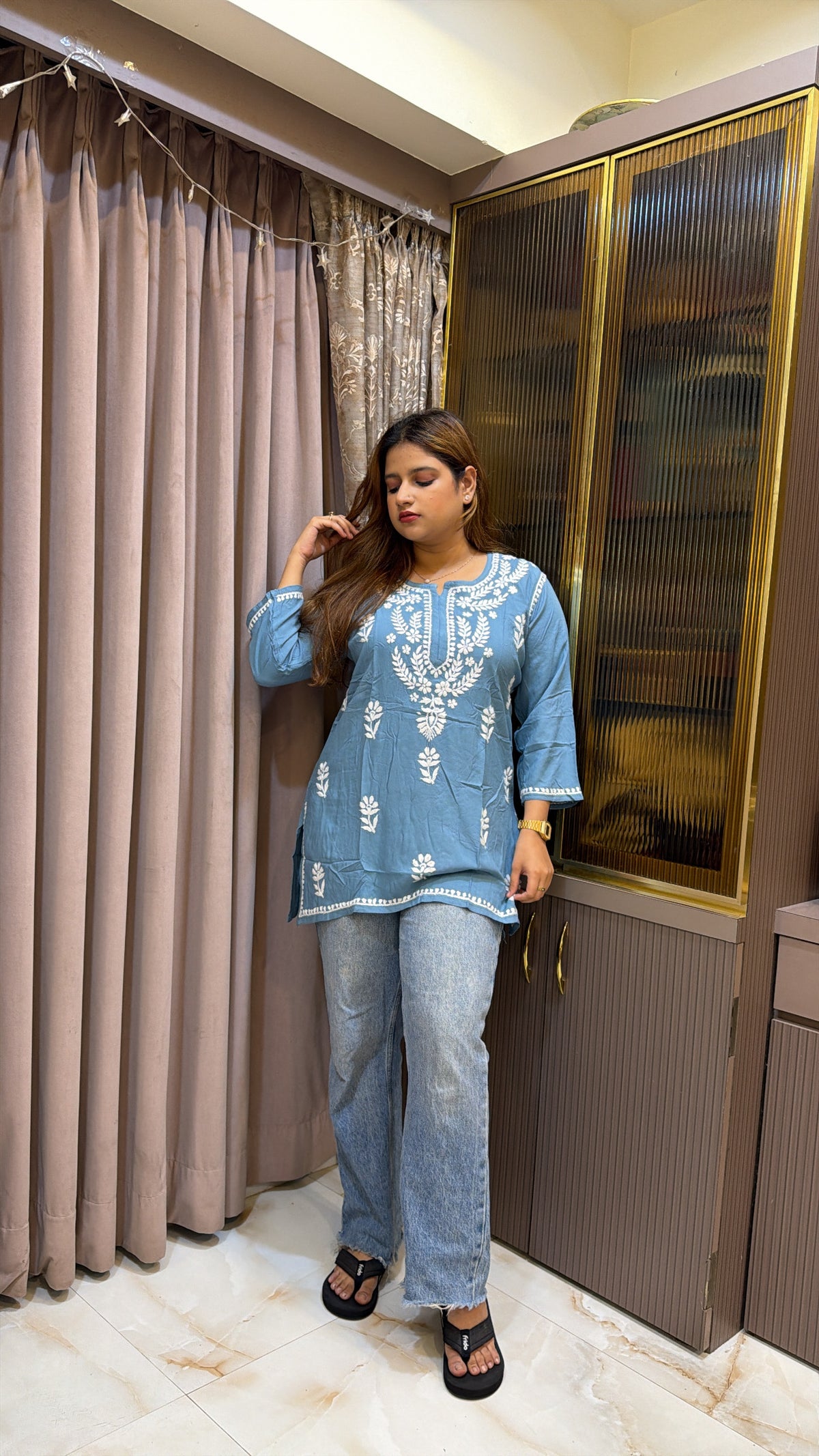 #2014 Ocean Blue Pure Rayon Lucknowi Short Top