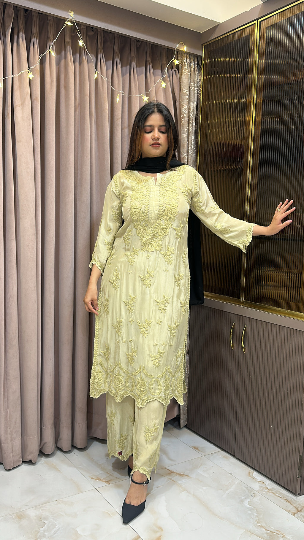 Olive green Pure crepe cut work set