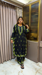 #2015 Plus Size Black & Olive Green Pure Rayon Lucknowi Plazo Set with Handwork
