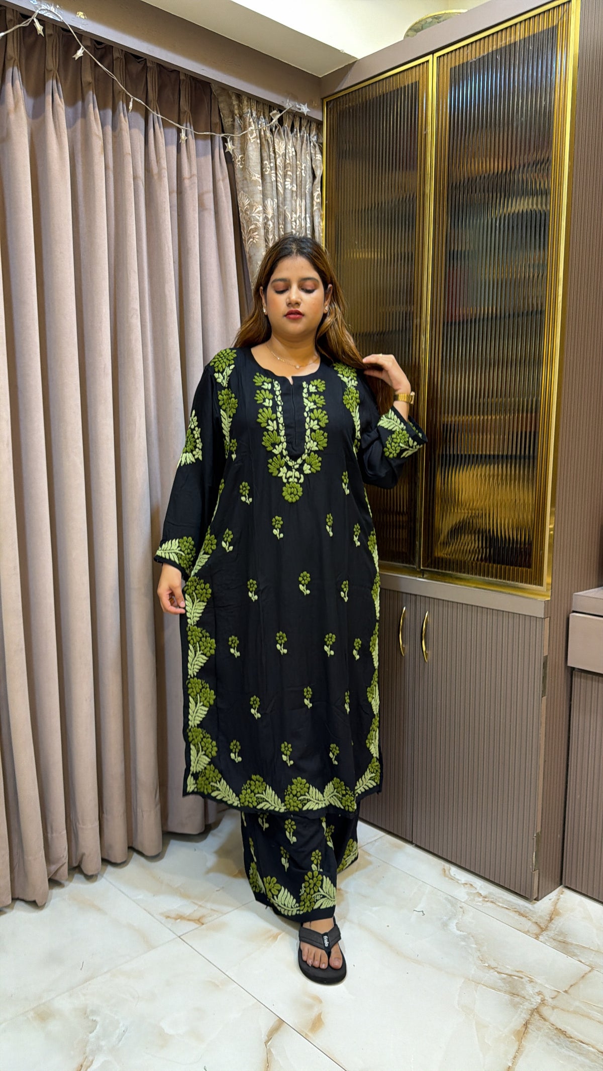 #2015 Plus Size Black & Olive Green Pure Rayon Lucknowi Plazo Set with Handwork