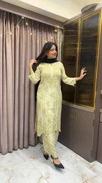 Olive green Pure crepe cut work set