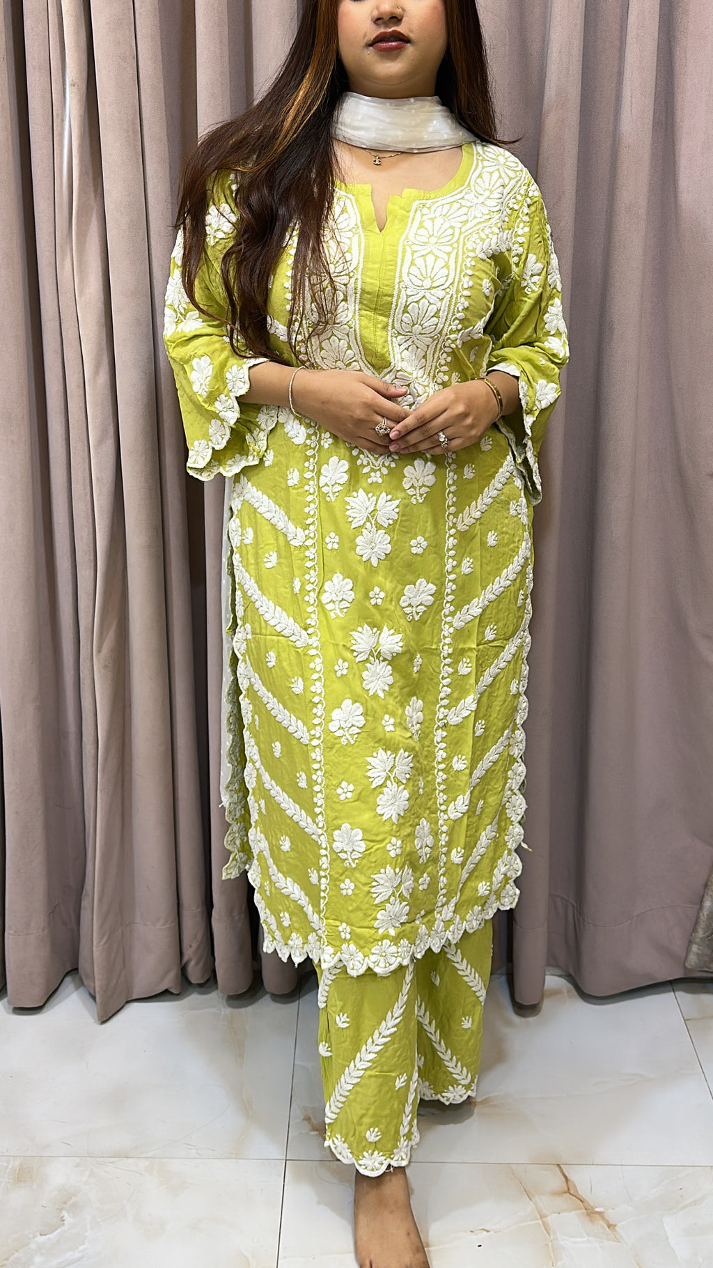 Olive green Pure modal lucknowi cut work sets