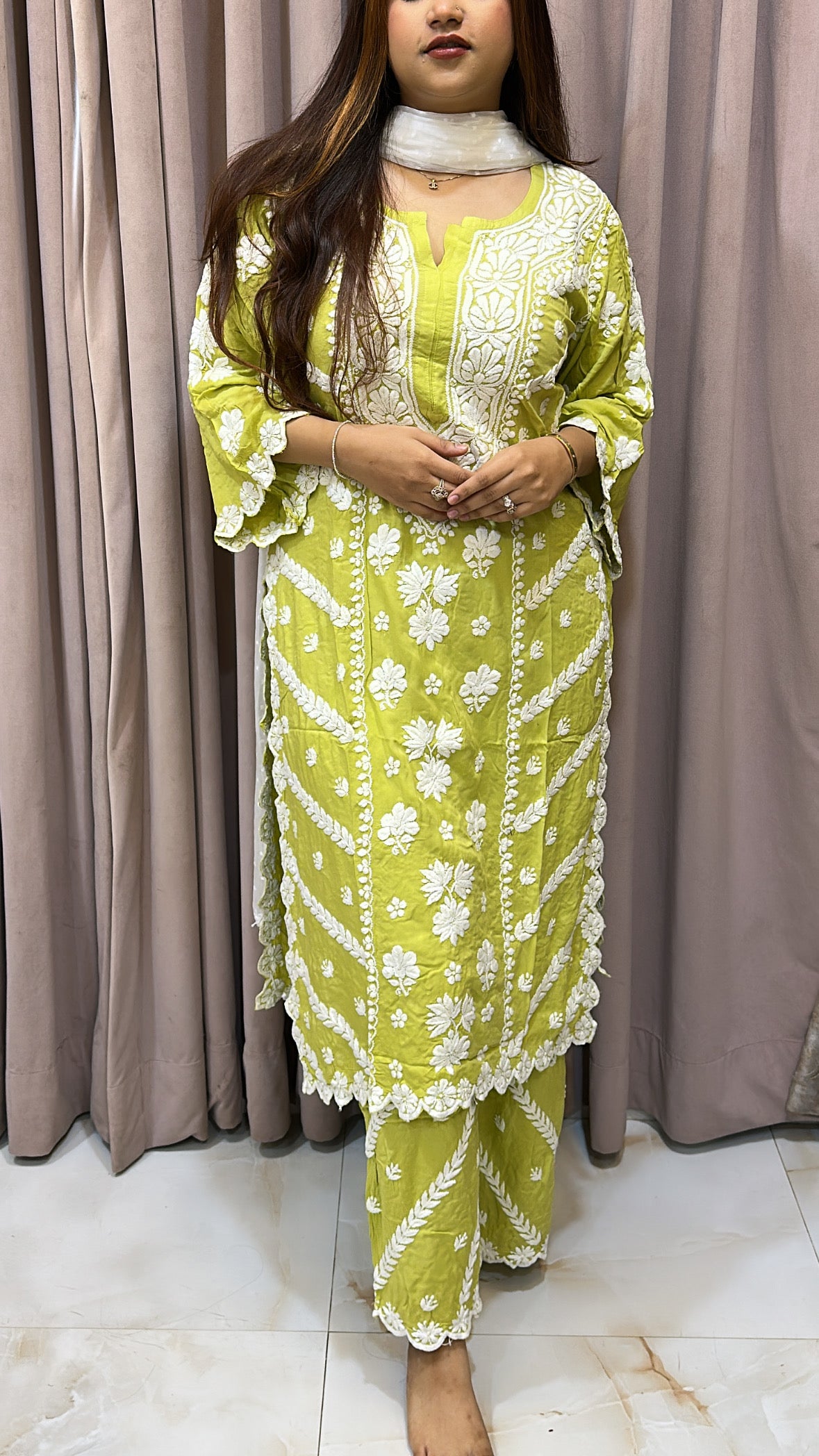 Olive green Pure modal lucknowi cut work sets