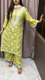 Olive green Pure modal lucknowi cut work sets