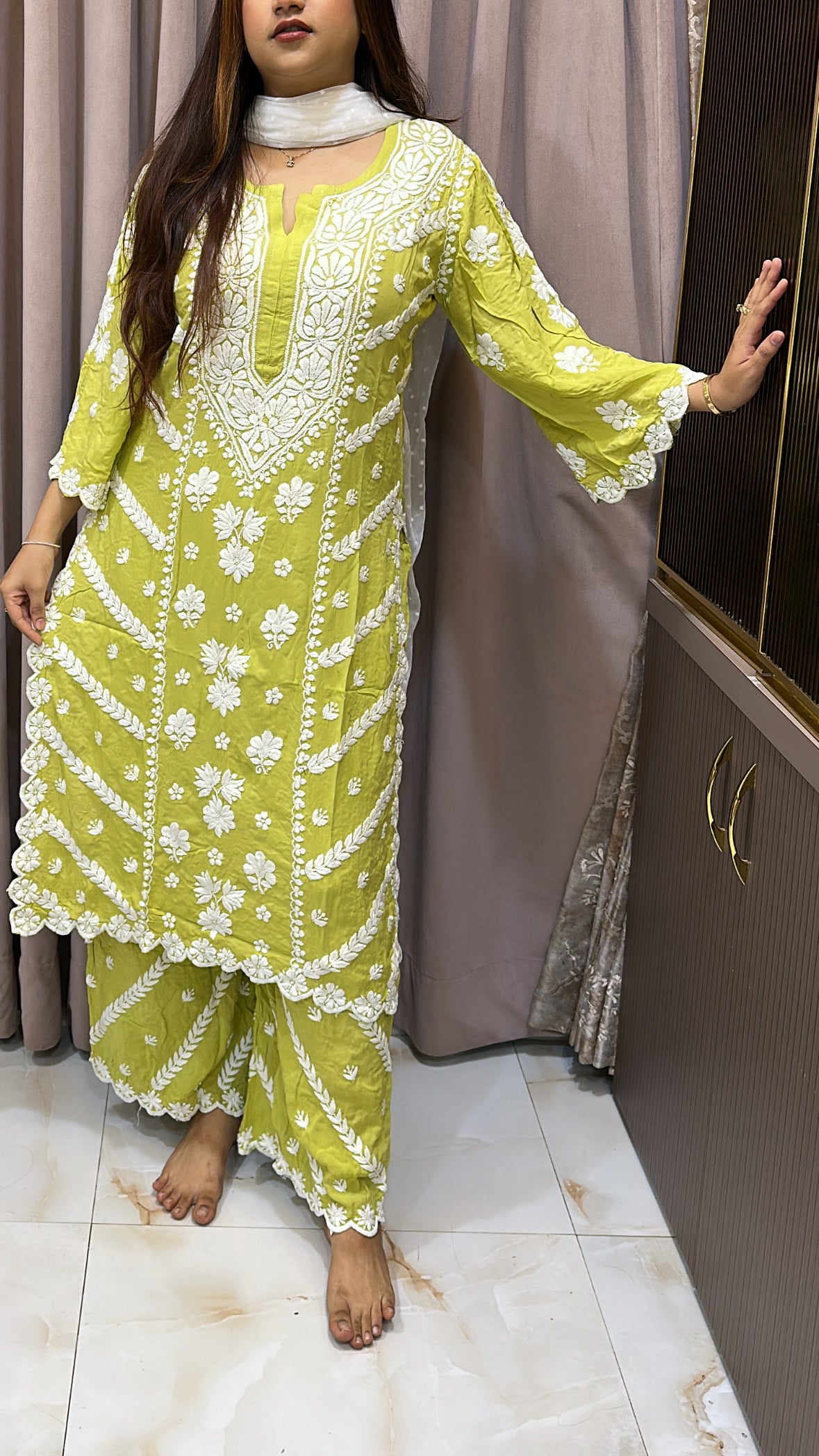 Olive green Pure modal lucknowi cut work sets