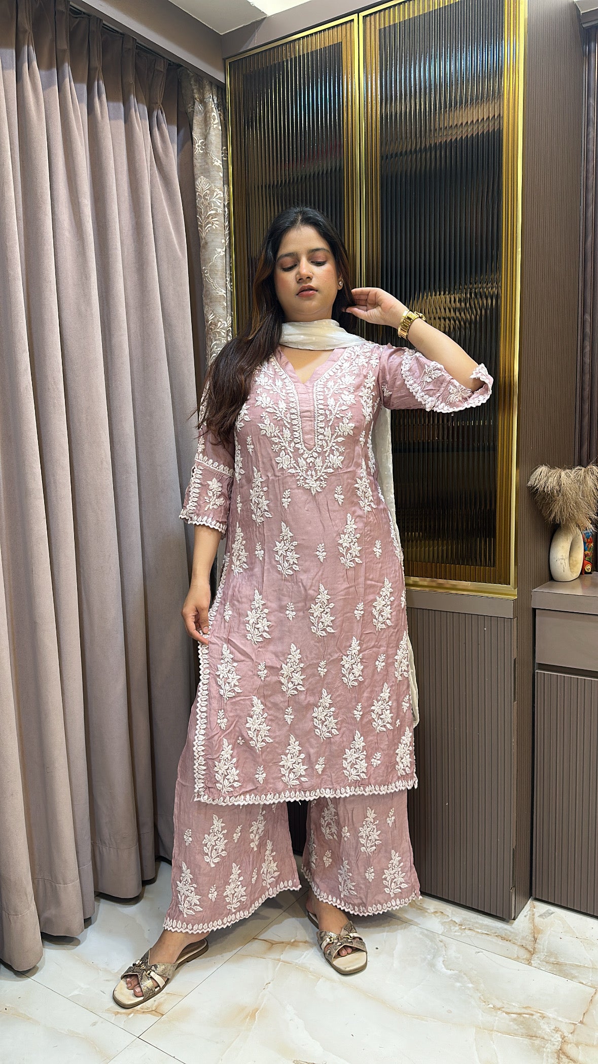 Onion Pure muslin Cutdana Cutwork set