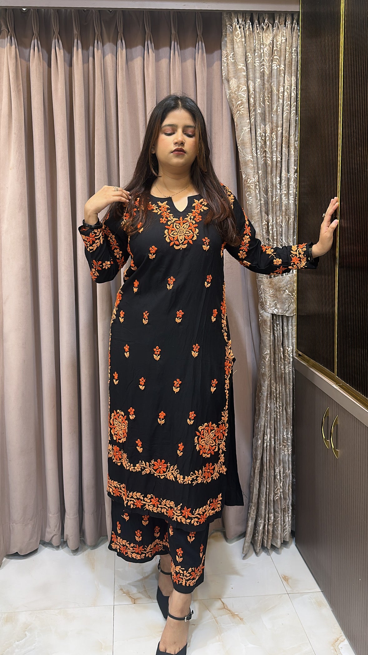 Black with Orange coloured plazo set