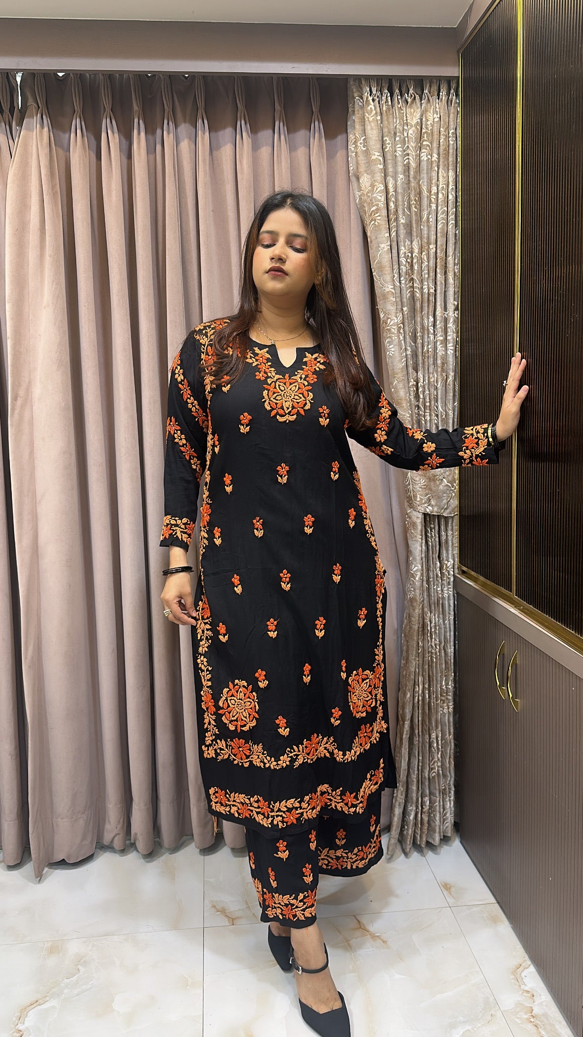 Black with Orange coloured plazo set